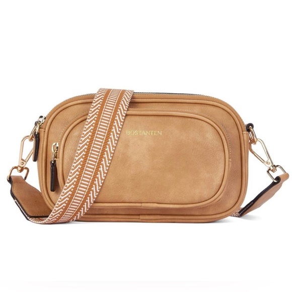Bostanten Handbags - Bostanten Crossbody Vegan Leather Tan/Camel Goldtone Shoulder Strappy Bag Purse